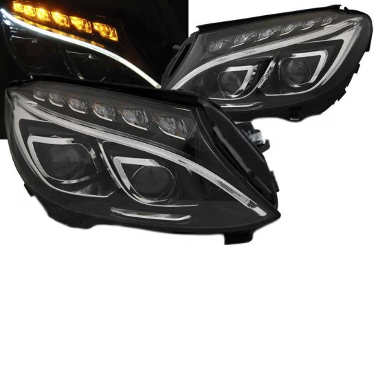 Μπροστινά Φανάρια Set Για Mercedes-Benz C-Class W205 14-18 TRU DRL Full Led Μαύρα Με Μοτέρ Depo