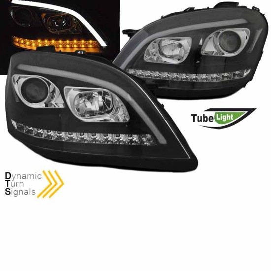 Μπροστινά Φανάρια Set Για Mercedes-Benz ML-Class W164 05-08 DRL Tube Lights Dynamic Φλας W166 Look Μαύρα H9/H1 Με Μοτέρ JunYan