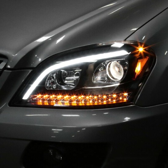 Μπροστινά Φανάρια Set Για Mercedes-Benz ML-Class W164 05-08 DRL Tube Lights Dynamic Φλας W166 Look Μαύρα H9/H1 Με Μοτέρ JunYan
