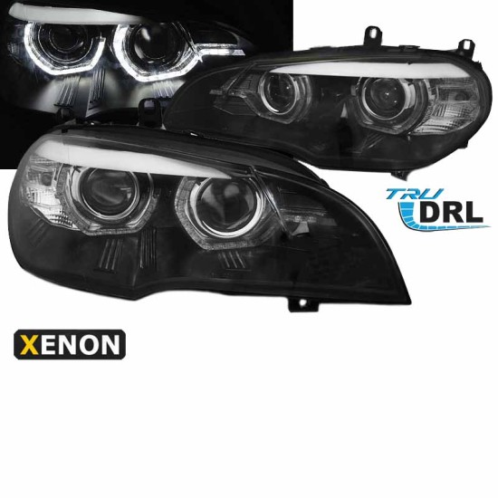 Μπροστινά Φανάρια Set Για Bmw X5 E70 07-10 3D LED Angel Eyes Μαύρα Xenon D1S Με Μοτέρ Sonar