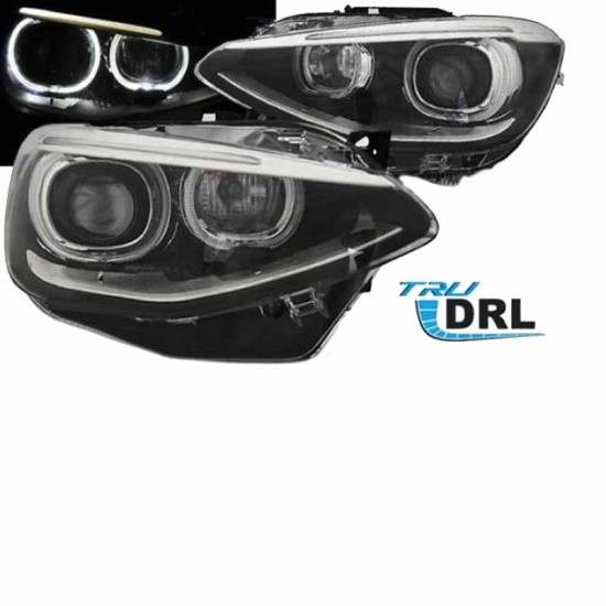 Μπροστινά Φανάρια Set Για Bmw 1 F20 / F21 11-14 LED Angel Eyes Μαύρα H7 Με Μοτέρ Depo