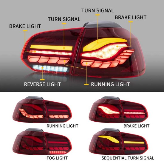 Πισινά Φανάρια Set Για Vw Golf VI (6) 08-12 Full Led Dynamic OLED Κόκκινο/Crystal VLand