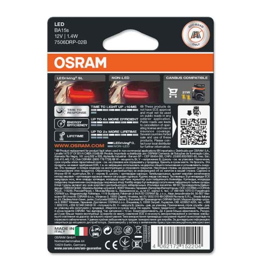 Λάμπες Led P21W Μονοπολικές BA15S 12volt 1.4 watt Κόκκινες Osram 7506DRP-02B 2 Τεμάχια