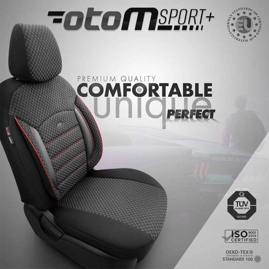 Καλύμματα Αυτοκινήτου Otom Sport Plus Design Universal Βαμβακερό Ύφασμα / Rachel / Δερματίνη Σετ Εμπρός / Πίσω 11 Τεμαχίων Μαύρο Με Κόκκινο Κέντημα SPTPLS-102