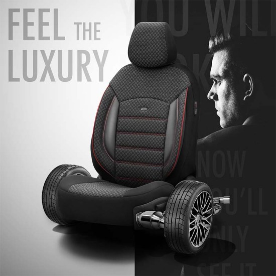 Καλύμματα Αυτοκινήτου Otom Sport Plus Design Universal Βαμβακερό Ύφασμα / Rachel / Δερματίνη Σετ Εμπρός / Πίσω 11 Τεμαχίων Μαύρο Με Κόκκινο Κέντημα SPTPLS-102
