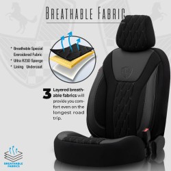 Καλύμματα Αυτοκινήτου Otom Bronco Design Universal Rachel / Δερματίνη Καπιτονέ Σετ Εμπρός / Πίσω 11 Τεμαχίων Μαύρο Με Γκρι Κέντημα BRN-402