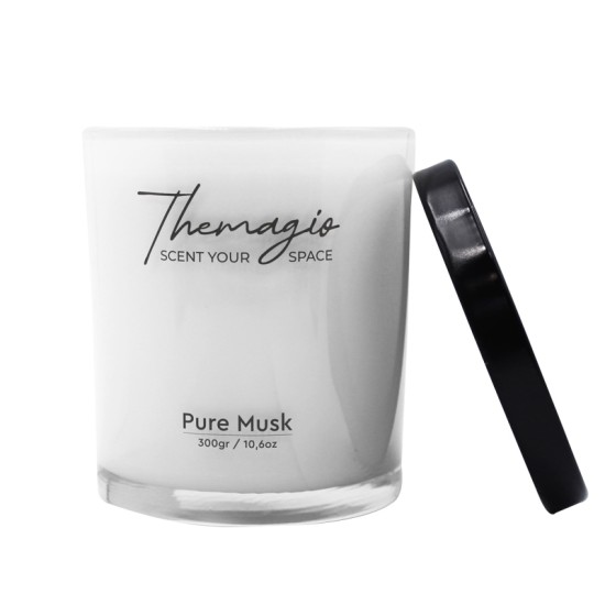 Αρωματικό Κερί Σόγιας Σε Λευκό Ποτήρι Με Μαύρο Μεταλλικό Καπάκι "Pure Musk" 300gr Themagio 77200