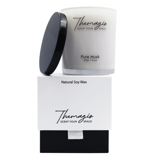 Αρωματικό Κερί Σόγιας Σε Λευκό Ποτήρι Με Μαύρο Μεταλλικό Καπάκι "Pure Musk" 300gr Themagio 77200