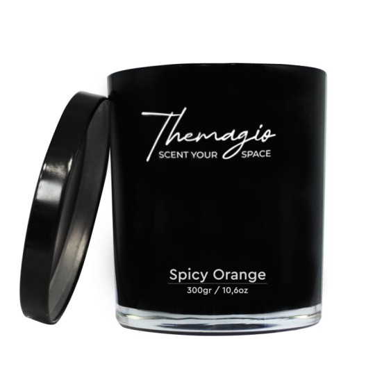 Αρωματικό Κερί Σόγιας Σε Μαύρο Ποτήρι Με Μαύρο Μεταλλικό Καπάκι "Spicy Orange" 300gr Themagio 77213