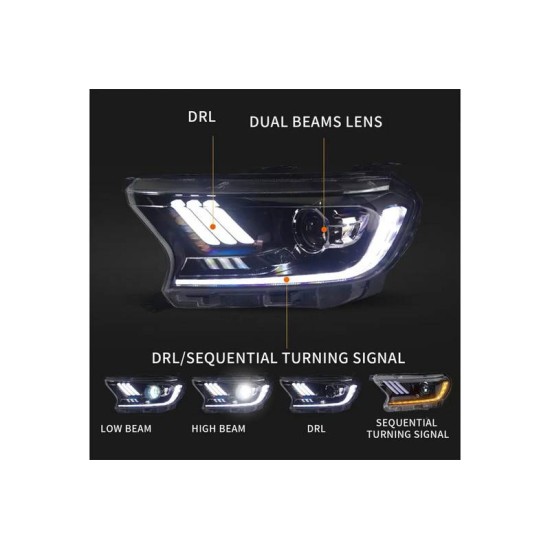 Μπροστινά Φανάρια Set Για Ford Ranger T7 T8 2016-2020 Munstang Look DRL Dynamic Μαύρα Full Led Με Μοτέρ