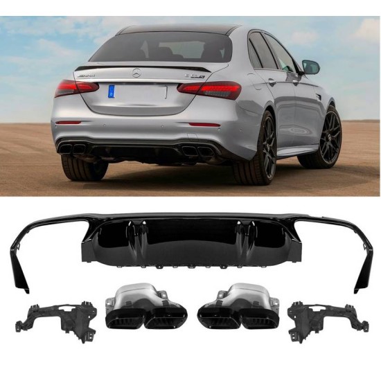 Diffuser Πίσω Προφυλακτήρα Για Mercedes-Benz E-Class W213 19+ Facelift Amg Look Για Amg Line Προφυλακτήρες Σετ Με Μπούκες Total Black Από Abs Πλαστικό