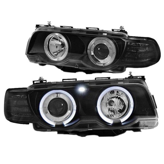Μπροστινά Φανάρια Set Για Bmw 7 E38 98-01 Angel Eyes & Led Μαύρα H1/H1 Με Μοτέρ Sonar