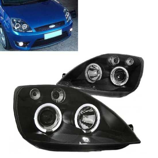 Μπροστινά Φανάρια Set Για Ford Fiesta 02-05 Angel Eyes & Led Μαύρα H1/H1 Manual Sonar