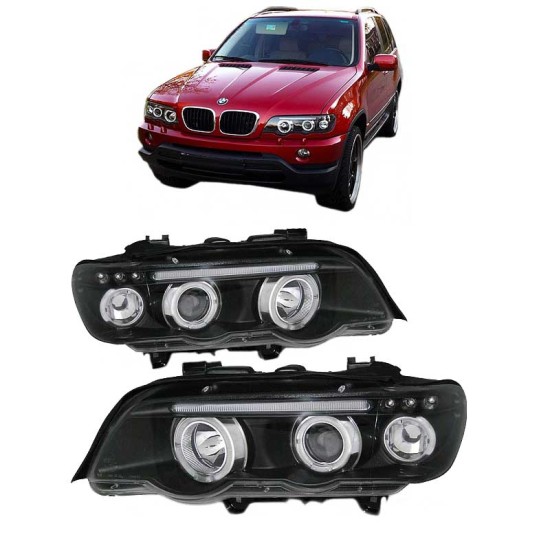 Μπροστινά Φανάρια Set Για Bmw X5 E53 99-03 Angel Eyes & Led Μαύρα H1/H1 JunYan