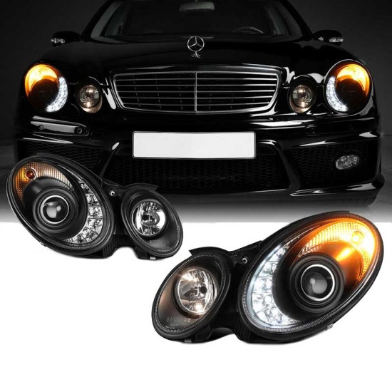 Μπροστινά Φανάρια Set Για Mercedes-Benz E-Class W211 02-06 DRL Xenon D2S/H7 Black Με Μοτέρ Sonar