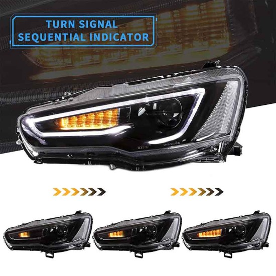 Μπροστινά Φανάρια Set Για Mitsubishi Lancer 07-17 DRL Led Tube & Dynamic Φλας Μαύρο/Χρώμιο H7 Manual VLAND