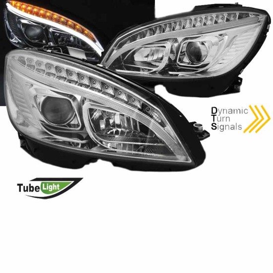 Μπροστινά Φανάρια Set Για Mercedes-Benz C-Class W204 07-10 DRL Tube Lights W222 Look Dynamic Φλας Χρωμίου H9/H9 Με Μοτέρ JunYan