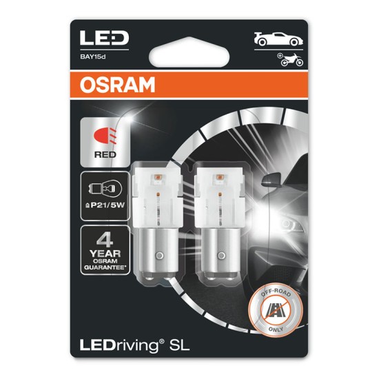 Λάμπες Led P21/5W Διπολικές BAY15D 12volt 1.7 watt Κόκκινες Osram 7528DRP-02B 2 Τεμάχια