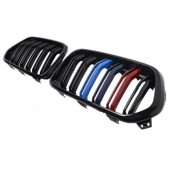 Καρδιές Μάσκας Για Bmw X2 F39 18+ M4 Look Με Διπλή Γρίλια Tri-Color Μαύρο Γυαλιστερό 2 Τεμάχια