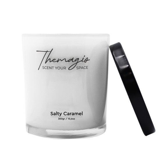 Αρωματικό Κερί Σόγιας Σε Λευκό Ποτήρι Με Μαύρο Μεταλλικό Καπάκι "Salty Caramel" 300gr Themagio 77212