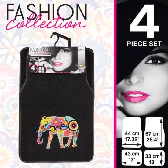 Πατάκια Αυτοκινήτου Universal Μοκέτα "Girly Fashion Collection" Car+ Μαύρη Με Ροζ Ρέλι Και Ελέφαντα 4 Pieces