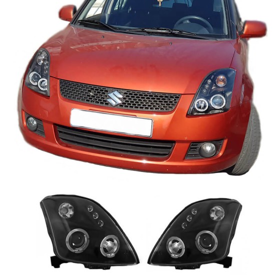 Μπροστινά Φανάρια Set Για Suzuki Swift 05-10 Angel Eyes & Led Μαύρα H1/H1 Manual JunYan