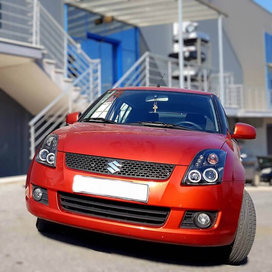 Μπροστινά Φανάρια Set Για Suzuki Swift 05-10 Angel Eyes & Led Μαύρα H1/H1 Manual JunYan