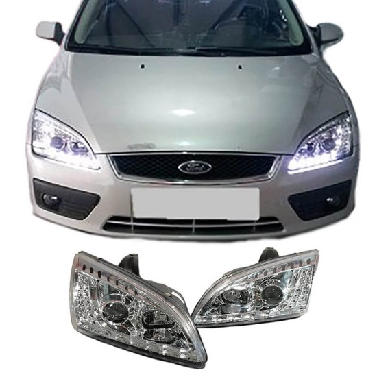 Μπροστινά Φανάρια Set Για Ford Focus 04-08 DRL & Led Φλας Χρωμίου H1/H1 JunYan