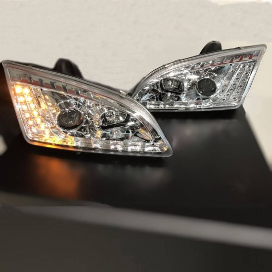 Μπροστινά Φανάρια Set Για Ford Focus 04-08 DRL & Led Φλας Χρωμίου H1/H1 JunYan