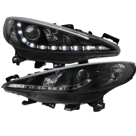 Μπροστινά Φανάρια Set Για Peugeot 207 06-12 DRL Μαύρα H7/H1 Με Μοτέρ Sonar
