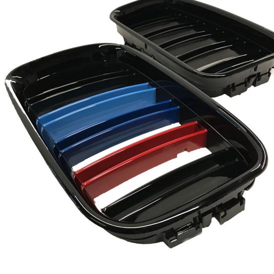 Καρδιές Μάσκας Για Bmw 3 E36 90-96 M4 Look Με Διπλή Γρίλια Tri-color / Μαύρο Γυαλιστερό 2 Τεμάχια