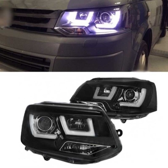 Μπροστινά Φανάρια Set Για Vw T5 10-15 TRU DRL U-Type Μαύρα H1/H1 Με Μοτέρ JunYan