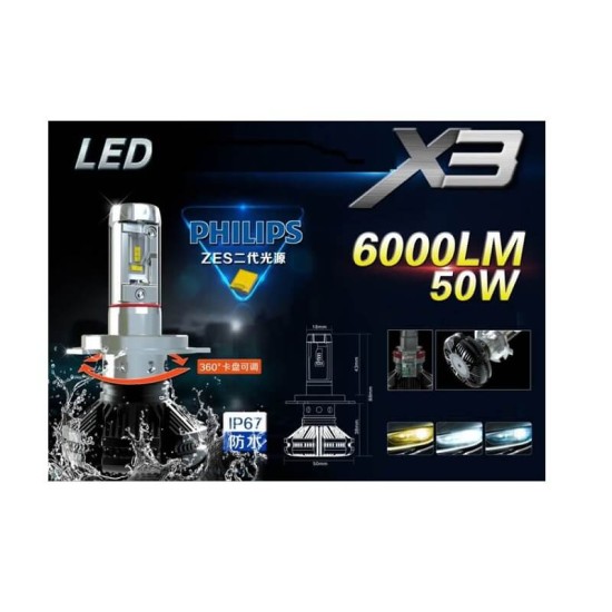 Λάμπες Led H7 X3 12volt 50watt 6000lm 6000k 2 Τεμάχια