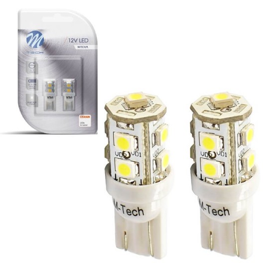 Λάμπες Led T10 12volt 9 Smd Led Λευκές M-Tech LB018W 2 Τεμάχια