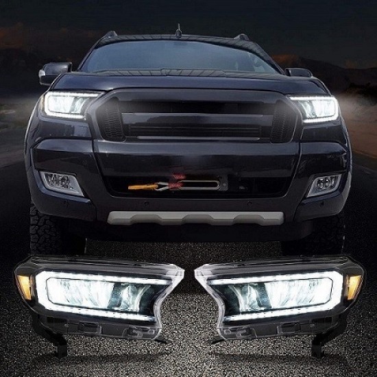 Μπροστινά Φανάρια Set Για Ford Ranger 15-20 DRL Dynamic Μαύρα Full Led Με Μοτέρ VLand