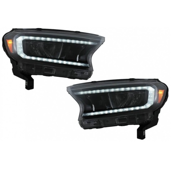 Μπροστινά Φανάρια Set Για Ford Ranger 15-20 DRL Dynamic Μαύρα Full Led Με Μοτέρ VLand