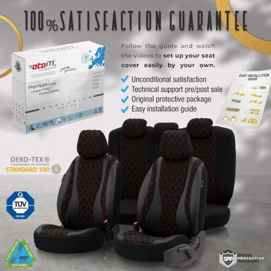 Καλύμματα Αυτοκινήτου Otom Emperor Design Universal Sued / Rachel / Δερματίνη Καπιτονέ Σετ Εμπρός / Πίσω 11 Τεμαχίων Μαύρο Με Κόκκινο Κέντημα EMP-601