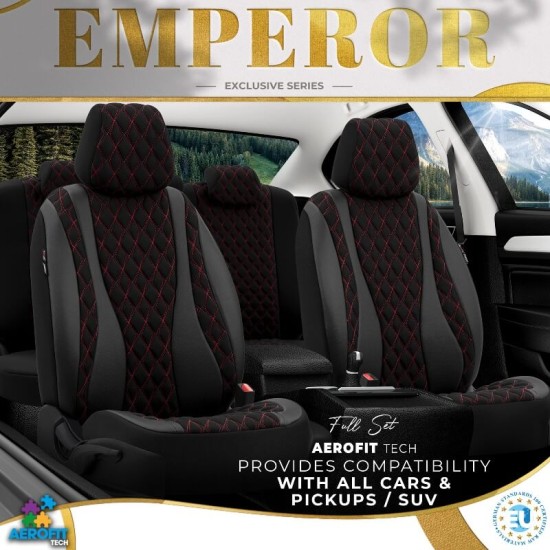 Καλύμματα Αυτοκινήτου Otom Emperor Design Universal Sued / Rachel / Δερματίνη Καπιτονέ Σετ Εμπρός / Πίσω 11 Τεμαχίων Μαύρο Με Κόκκινο Κέντημα EMP-601