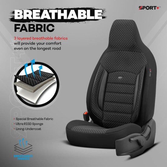 Καλύμματα Αυτοκινήτου Otom Sport Plus City Design Universal Βαμβακερό Ύφασμα / Rachel / Δερματίνη Σετ Εμπρός / Πίσω 11 Τεμαχίων  Με Ενσωματωμένα Προσκέφαλα Μαύρο SPTPLS-101CTY