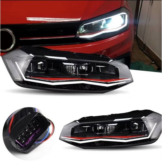 Μπροστινά Φανάρια Set Για Vw Polo AW 17+ DRL Led Tube GTI Look Μαύρα Με Κόκκινη Γραμμή Upgrade Full Led With Motor Carner