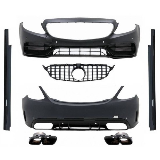 Body Kit Για Mercedes-Benz C-Class W205 14-20 Sedan Amg C63s Facelift Look Με Μάσκα & Μπούκες Black Edition