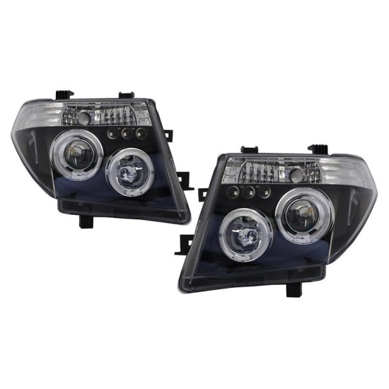 Μπροστινά Φανάρια Set Για Nissan Navara D40 05-10 Angel Eyes & Led Μαύρα H1/H1 Manual JunYan