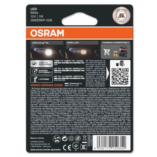 Λάμπες Led BA9S T4W 12volt 0.8watt 6000k 3893DWP-02B 2 Τεμάχια