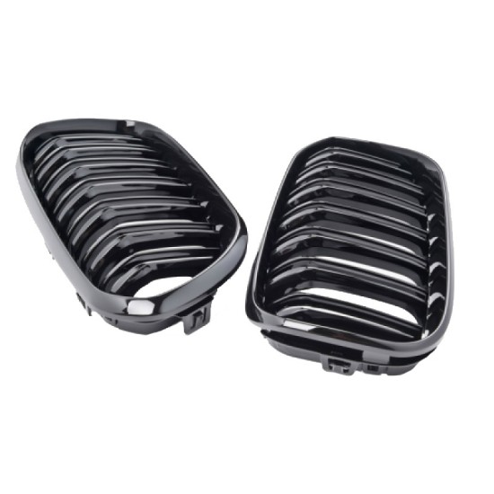 Καρδιές Μάσκας Για Bmw 1 F20 / F21 15-19 M4 Look Με Διπλή Γρίλια Με 14 Γραμμές Μαύρο Γυαλιστερό 2 Τεμάχια