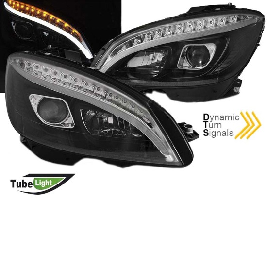 Μπροστινά Φανάρια Set Για Mercedes-Benz C-Class W204 07-10 DRL Tube Lights W222 Look Dynamic Φλας Μαύρα H9/H9 Με Μοτέρ JunYan