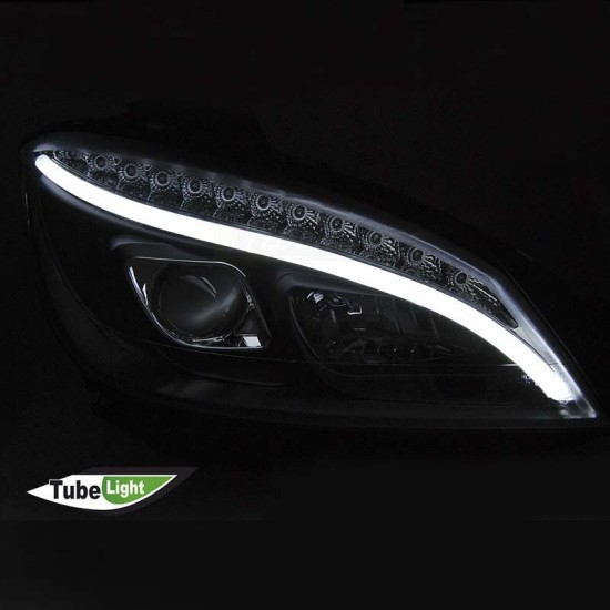 Μπροστινά Φανάρια Set Για Mercedes-Benz C-Class W204 07-10 DRL Tube Lights W222 Look Dynamic Φλας Μαύρα H9/H9 Με Μοτέρ JunYan