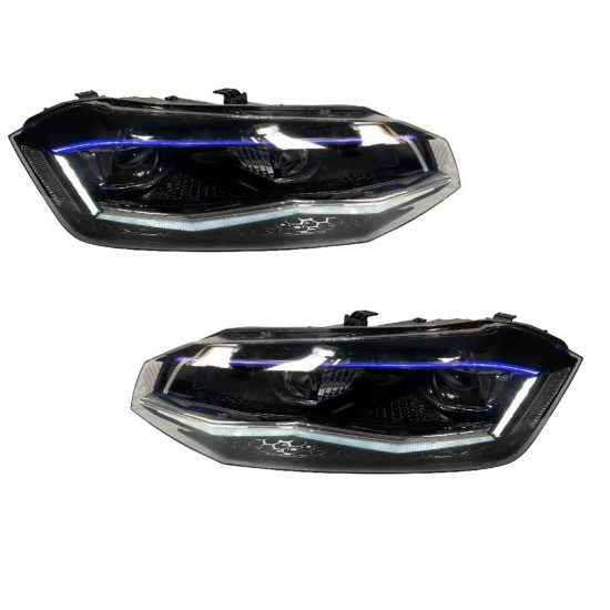 Μπροστινά Φανάρια Set Για Vw Polo AW 17+ DRL Led Tube GTI Look Μαύρα Με Ασημί Γραμμή Upgrade With Xenon With Motor Carner