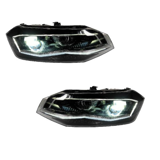 Μπροστινά Φανάρια Set Για Vw Polo AW 17+ DRL Led Tube GTI Look Μαύρα Με Ασημί Γραμμή Upgrade With Xenon With Motor Carner