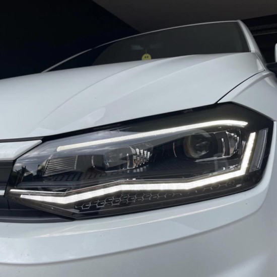 Μπροστινά Φανάρια Set Για Vw Polo AW 17+ DRL Led Tube GTI Look Μαύρα Με Ασημί Γραμμή Upgrade With Xenon With Motor Carner