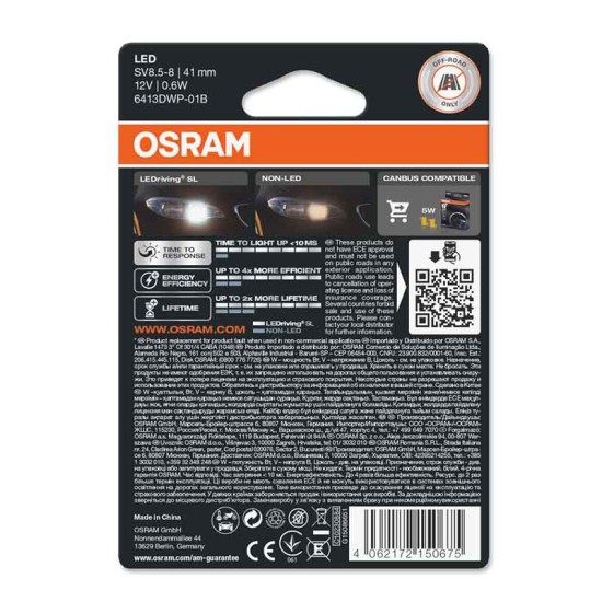 Λάμπα Led Σωληνωτή  41mm C5W SV8.5-8 12volt 0.6 watt 6000k Osram 6413DWP-01B 1 Τεμάχιο